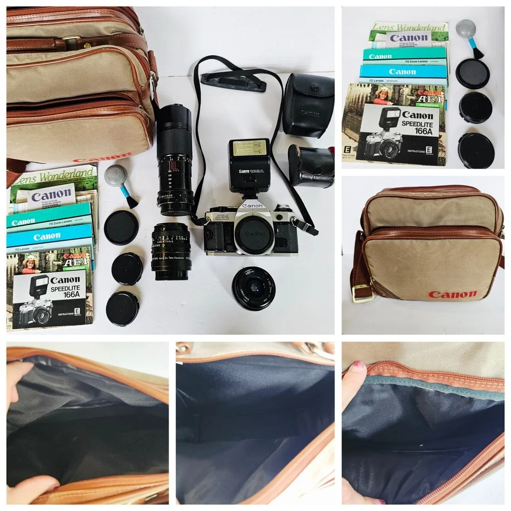 80s Vintage Canon AE-1 Program 35mm‎ SLR Film Camera Kit w/ Lenses Flash and Bag